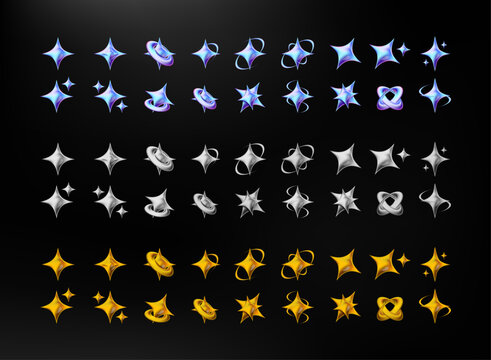Holographic metallic sparkle star collection in vibrant blue, silver, and gold, featuring glowing starbursts, ring ornaments, and magical fantasy game effects on a black background.