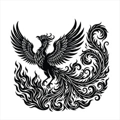 Fototapeta premium Black and white illustration of a majestic phoenix rising from flames, intricate tribal style design