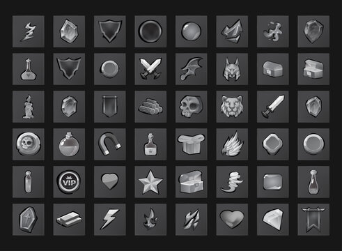 Monochrome fantasy RPG game icon collection featuring swords, shields, potions, gems, chests, animal emblems, magic effects, and collectible UI assets.