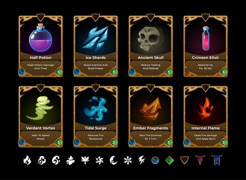 Fantasy RPG collectible card game asset set featuring potion, elemental magic, skull, elixir, and ability cards with ornate golden frames and matching game icons.