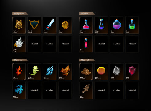 Fantasy RPG inventory interface featuring equipment, potions, elemental items, crafting materials, locked item slots, and illustrated game assets in a dark medieval UI design.