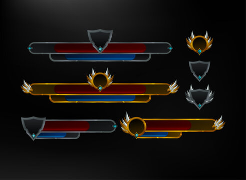 Fantasy RPG game UI asset set featuring gold and silver health bars, shield frames, character badges, and combat status indicators.