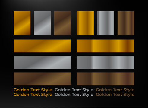 Metallic gold, silver, and bronze gradient texture set with glossy vertical and diagonal finishes, rectangular panels, and matching golden text effects for graphic design.