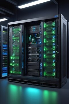 Vented server in industrial rack, clean and cold tone lighting, front-facing LEDs and cables. Generative AI