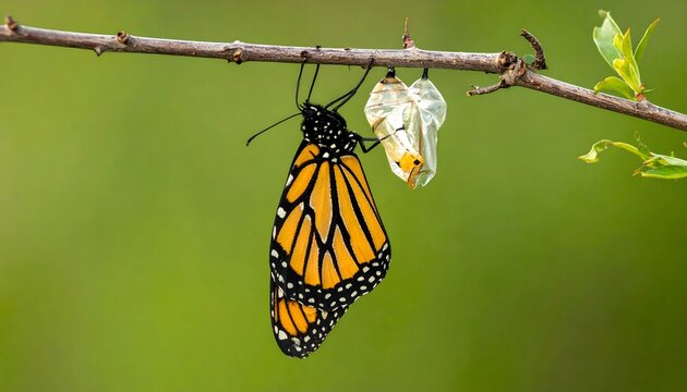 Mariposa monarca junto a cris&aacute;lida vac&iacute;a en una rama