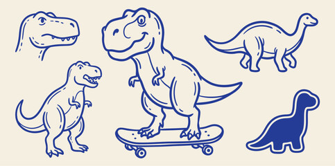 Dinosaurs collection outline vector illustration with t-rex on skateboard long-necked dinosaur portrait and sticker patch © Mohsin