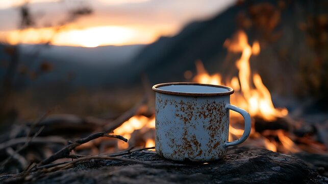 A vintage enamel mug resting by a cozy campfire during a scenic sunset.