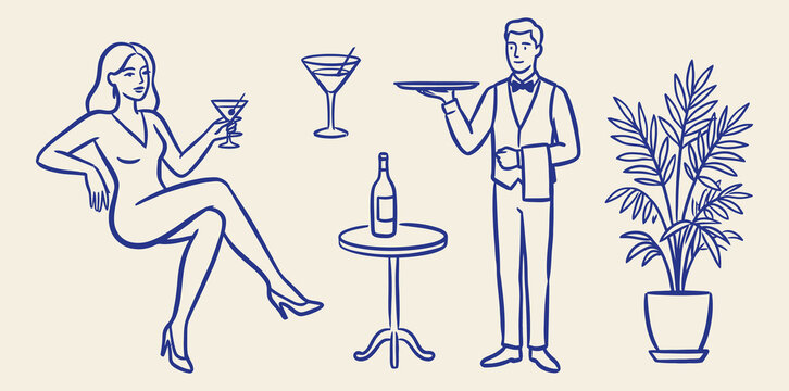 Cocktail lounge and restaurant bar collection outline vector illustration with woman drinking waiter and palm plant