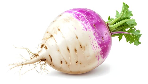 Nabo fresco blanco y morado con hojas verdes sobre fondo blanco