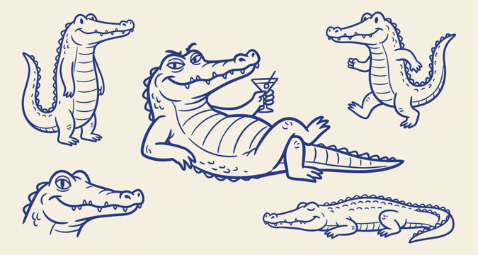Alligators and crocodiles collection outline vector illustration with standing relaxing walking and portrait poses