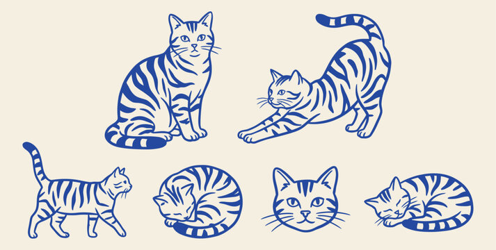 Tabby cats collection outline vector illustration with sitting stretching walking sleeping and portrait poses