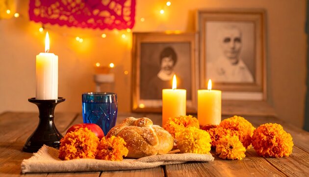 Altar de D&iacute;a de Muertos con velas, flores naranjas y retratos