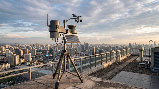 Automated weather station on urban rooftop, professional meteorological monitoring equipment with solar panel, anemometer for smart city climate data
