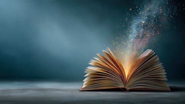 Magical Book with Colorful Light and Sparks Emanating from Open Pages Against a Dark Background