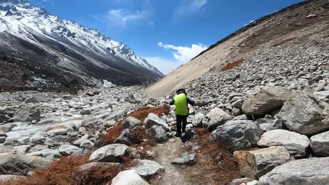 Hiking Through Landslide Area And The River Side Of The Highest Mountain.