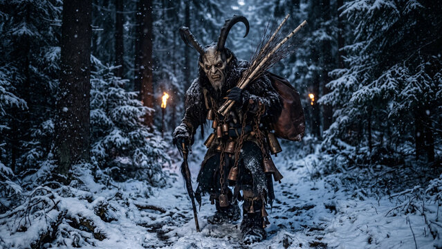 Krampus Night. Krampus character in the snowy forest, festive mood, carrying sticks, winter background