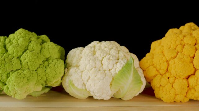 Green white and orange cauliflower heads on wooden board display, carefully arranged for vibrant culinary presentation highlighting natural textures, vivid seasonal produce, whole