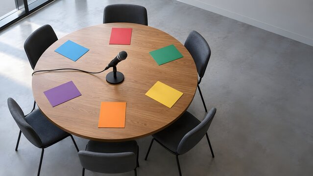 Round table discussion setup with microphone and color cards