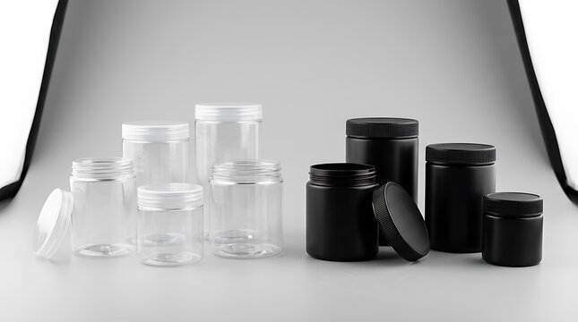 Group of empty clear and black plastic cosmetic jars on gray background