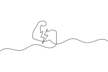 Obraz premium Human arm bicep muscle with lightning continuous one line drawing minimalist electric power vector illustration