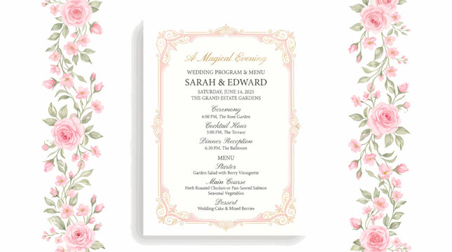 floral menu template design featuring delicate pink roses, decorative borders, and sophisticated typography for a wedding program and reception.