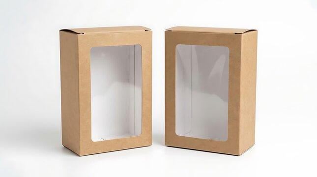 Two brown cardboard boxes with transparent plastic display