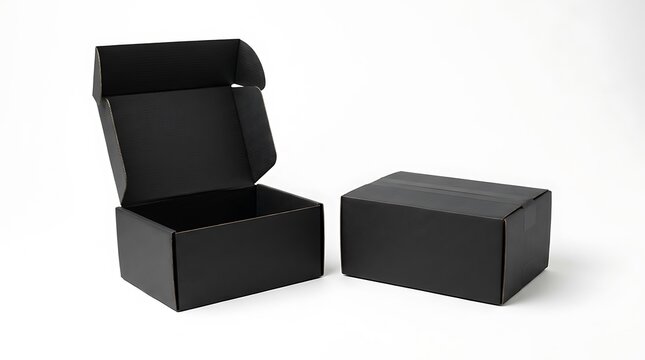 One open and one closed small black cardboard shipping boxes with black box