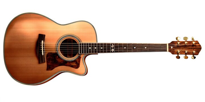 Acoustic guitar with cutaway body and tortoiseshell pickguard displayed against white background.