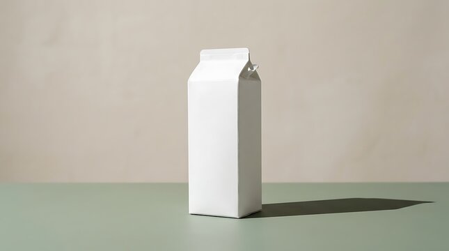 Blank white milk carton package standing on a sage green surface with white box