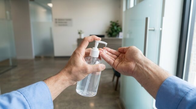 Man's hands applying clear hand sanitizer gel from a pump bottle in a modern office lobby, emphasizing hygiene and cleanliness.