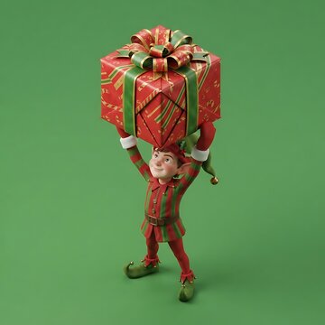 Festive Christmas Elf Lifting A Large Wrapped Gift Box Isolated On Green Background