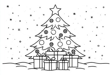 Obraz premium A black and white line drawing of a decorated Christmas tree with a star on top and presents underneath, set against a snowy, starry night background.