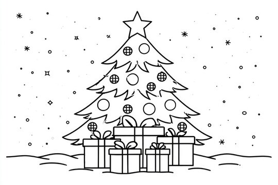 A black and white line drawing of a decorated Christmas tree with a star on top and presents underneath, set against a snowy, starry night background.