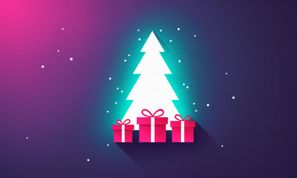white glowing christmas tree silhouette with three pink gift boxes and scattered white dots on pink to blue gradient background