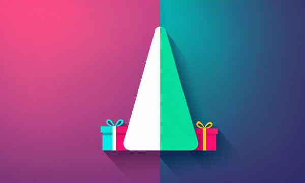 split white and green christmas tree cone with two multicolored gift boxes on pink and teal split background