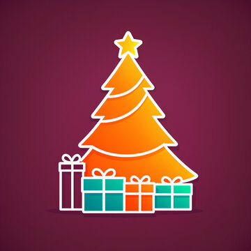 orange gradient christmas tree with yellow star and five outlined gift boxes on solid dark maroon background