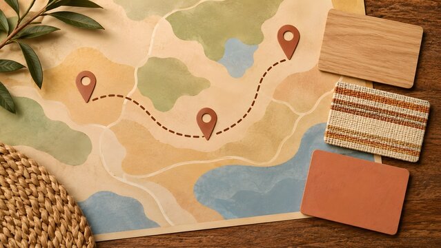 Travel route map with three location pins and blank cards