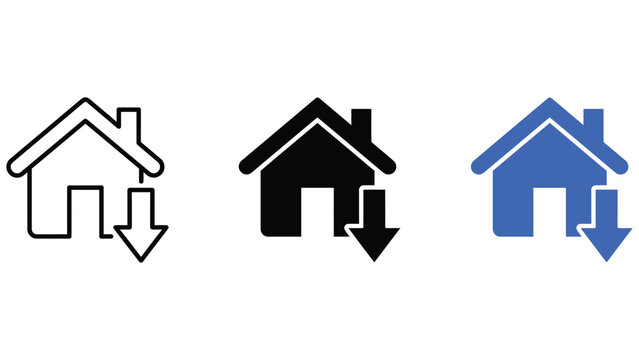 Three house with a downward pointing arrow, featuring outline, solid black, and solid blue styles on a white background, for market decline