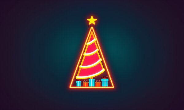 bright glowing neon outline of a red and orange christmas pine tree shape with a yellow star and small blue gift boxes inside over a dark space