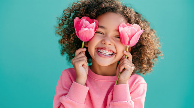 Happy little girl with curly hair and braces smiling, holding pink tulips covering her eyes, expressing joy and youth