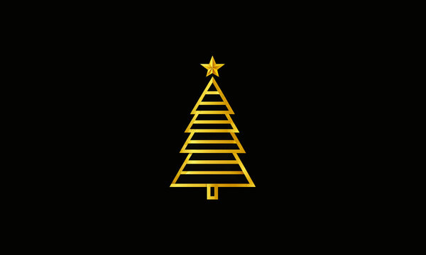 golden outlined christmas tree with horizontal bars and five pointed star on solid black background