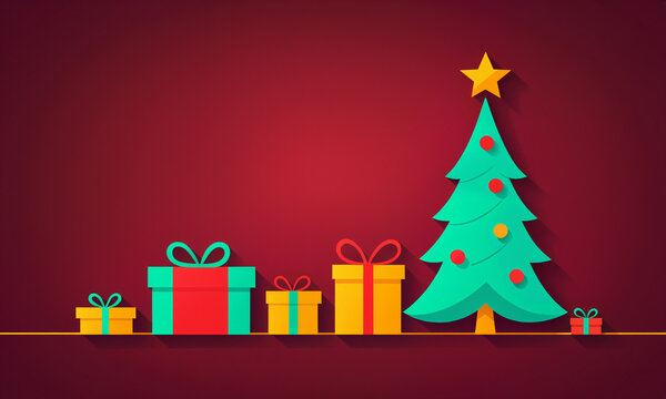 green christmas pine tree with yellow star and round red and orange baubles next to multiple bright blue and yellow gift boxes with ribbons over a solid red space