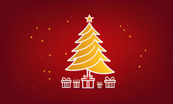 solid gold color christmas fir tree with a top star and multiple small white outline gift boxes under it among little bright dots in a dark red space