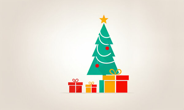 green christmas spruce tree with a yellow top star white curve garland and red round baubles next to multiple large and small bright colorful gift boxes over a light beige plain space