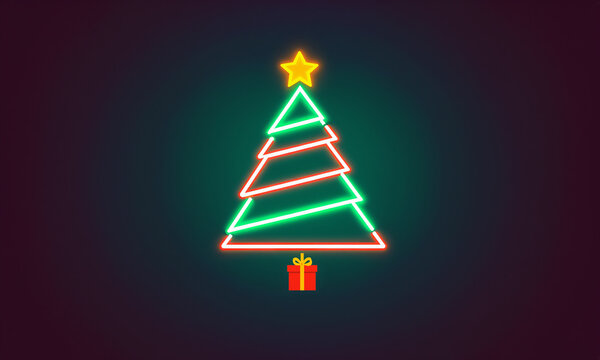 glowing neon silhouette of a christmas tree formed by zigzag lines in bright green and red with a yellow star at the top over a single red gift box[cite: 7]