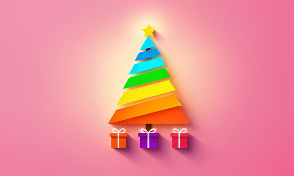 stylized christmas tree consisting of several horizontal bars in bright rainbow colors with a yellow star at the top and three small colorful gifts underneath[cite: 6]