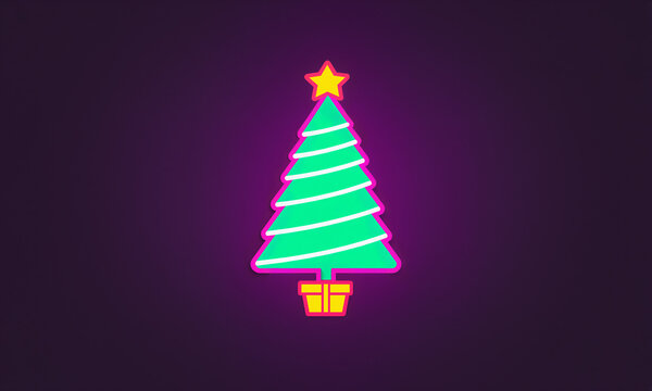 glowing green christmas tree with white diagonal stripes and a thick neon pink outline along with a yellow star directly over a small yellow and red gift box[cite: 10]