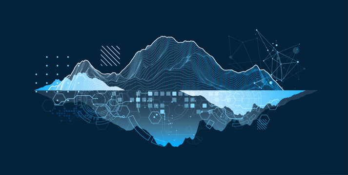 Digital wireframe mountain landscape with technology network and data grid