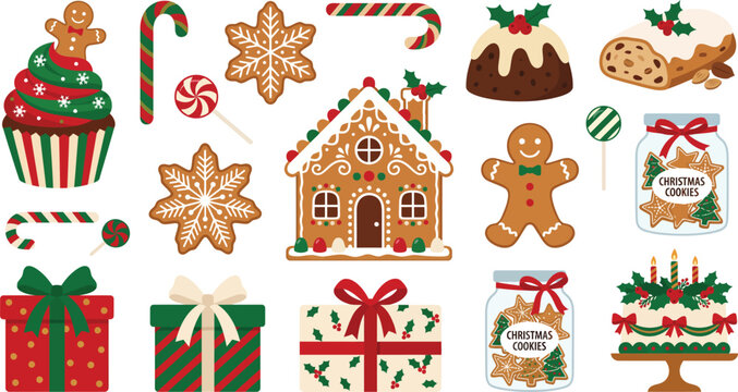 Christmas gingerbread house and holiday sweets collection, festive winter treats and gift boxes, vector set of traditional xmas cookies and desserts
