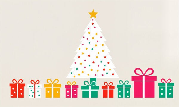 white christmas tree with multicolored dots yellow star green trunk and row of nine gift boxes with bows on light beige surface